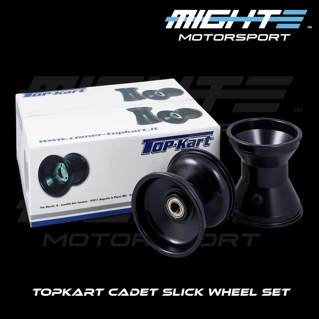Black Topkart Cadet slick wheel set with 115mm front and 142mm rear wheels