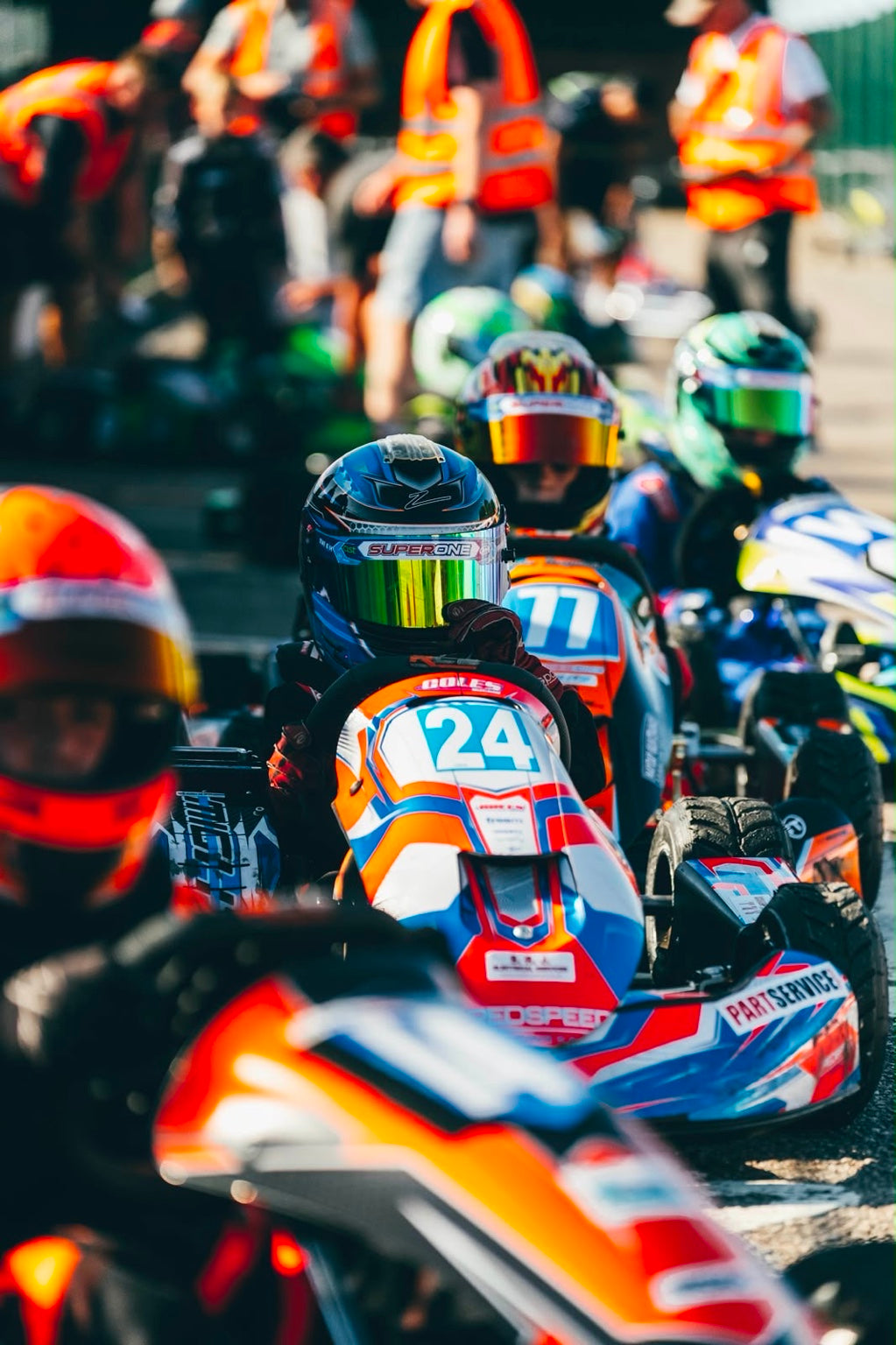 MightE Bambino electric kart number 24 lined up with the racing grid