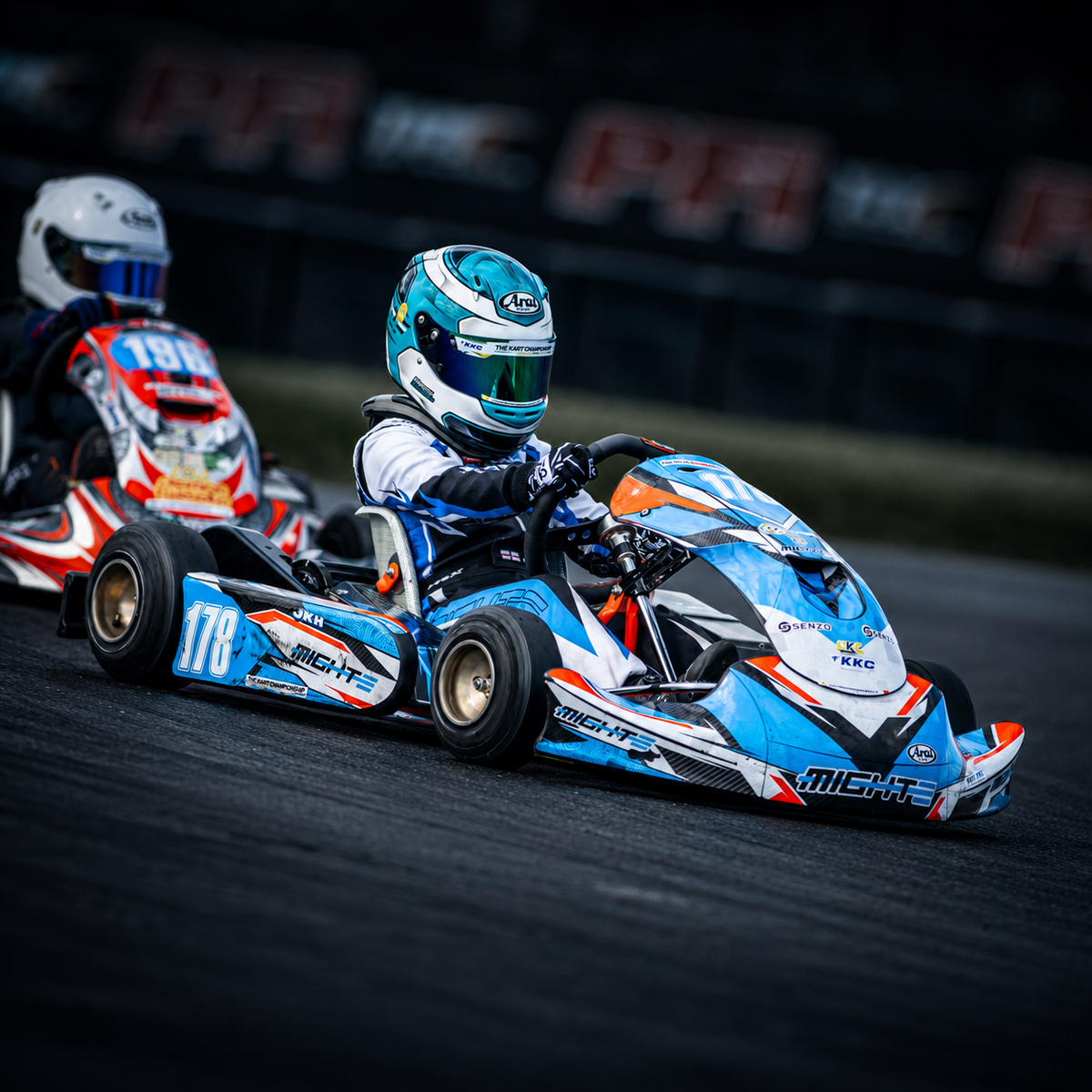 MightE Cadet electric powertrain racing on kart number 178