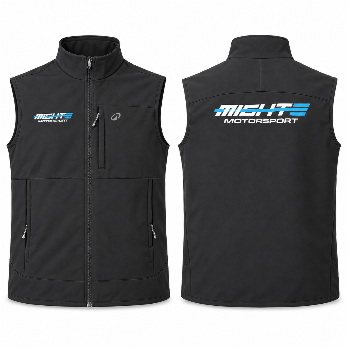 MightE Motorsport black softshell gilet, front and rear