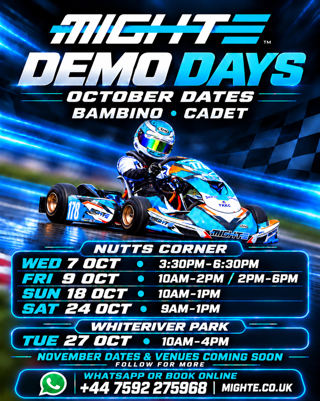 MightE October demo days at Nutts Corner and Whiteriver Park. WhatsApp or book online.