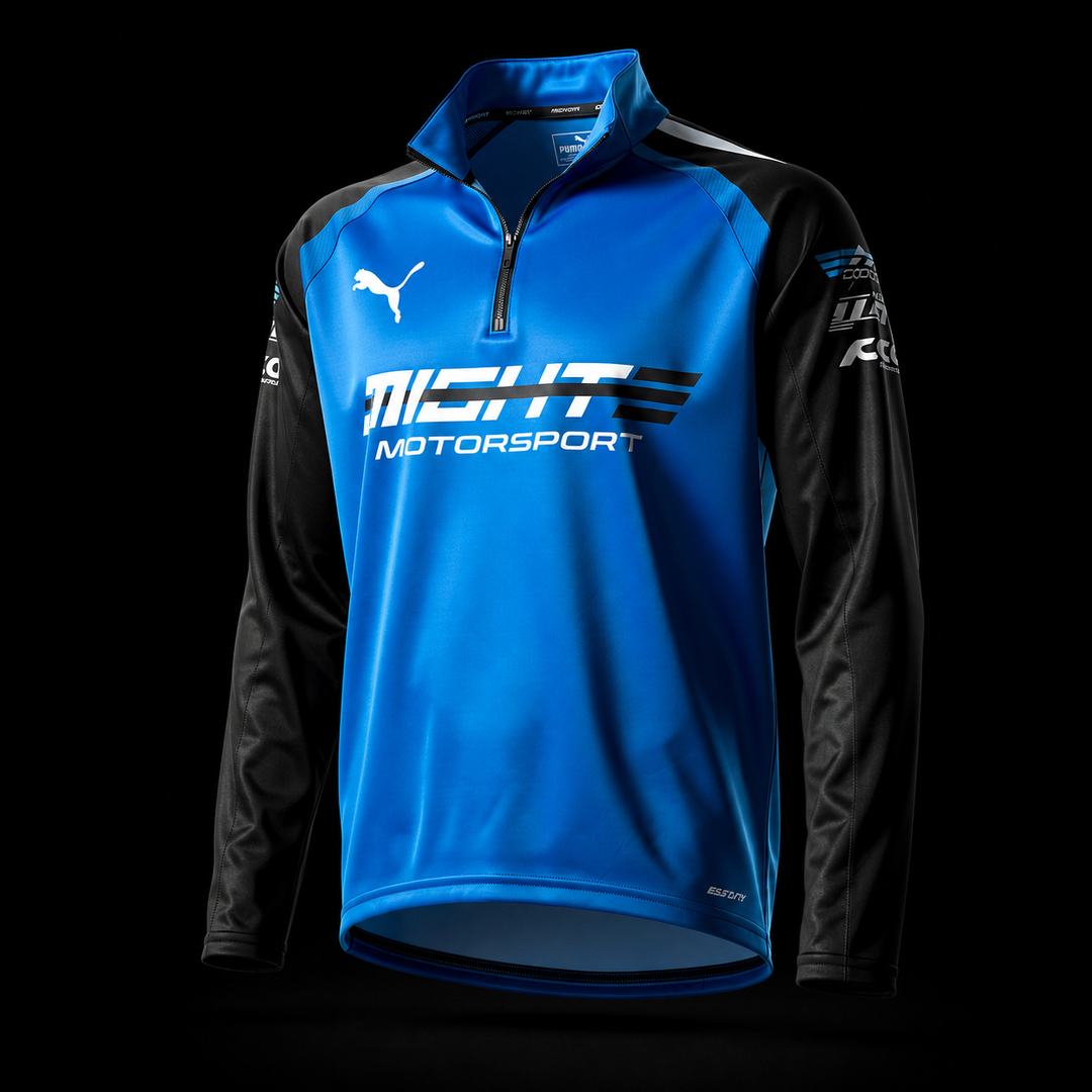 Blue and black MightE PUMA adult long-sleeve motorsport top